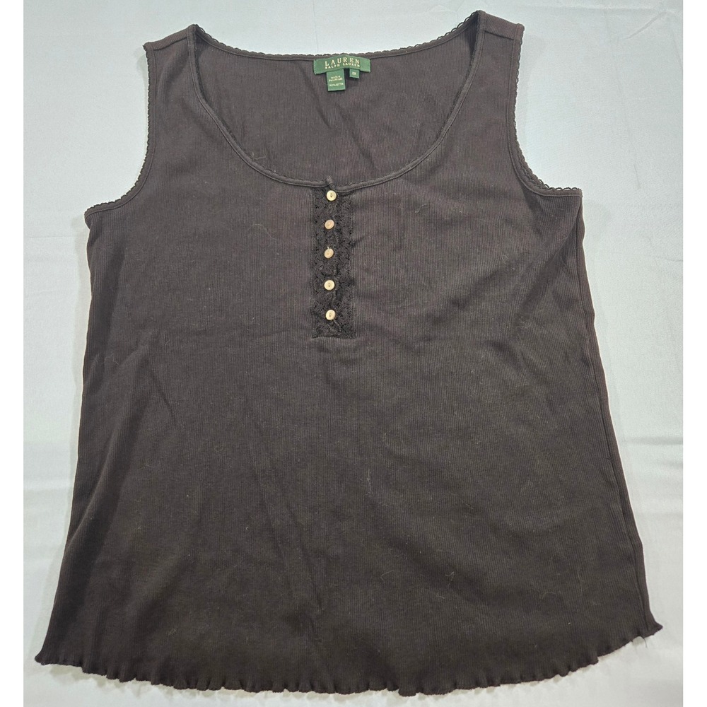 Lauren Ralph Lauren Black Ribbed Henley Tank Top Lace Trim Lettuce Hem 2X